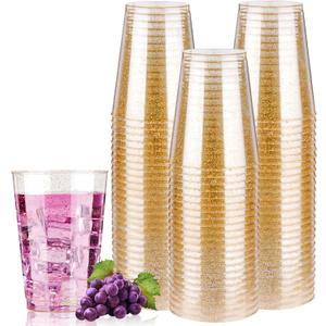 Goodluck 12 oz 50 PCS Gold Glitter Plastic Cups, Disposable Glitter Cups, Elegant Plastic Cocktail Glasses, Fancy Party Cups for Wedding, Birthday, Holiday