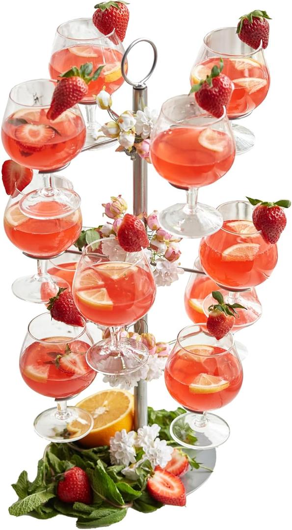 Cocktail Tree Stand, Metal Drink Tower, 3 Tier, 12 Holders For Champagne  (Silver)