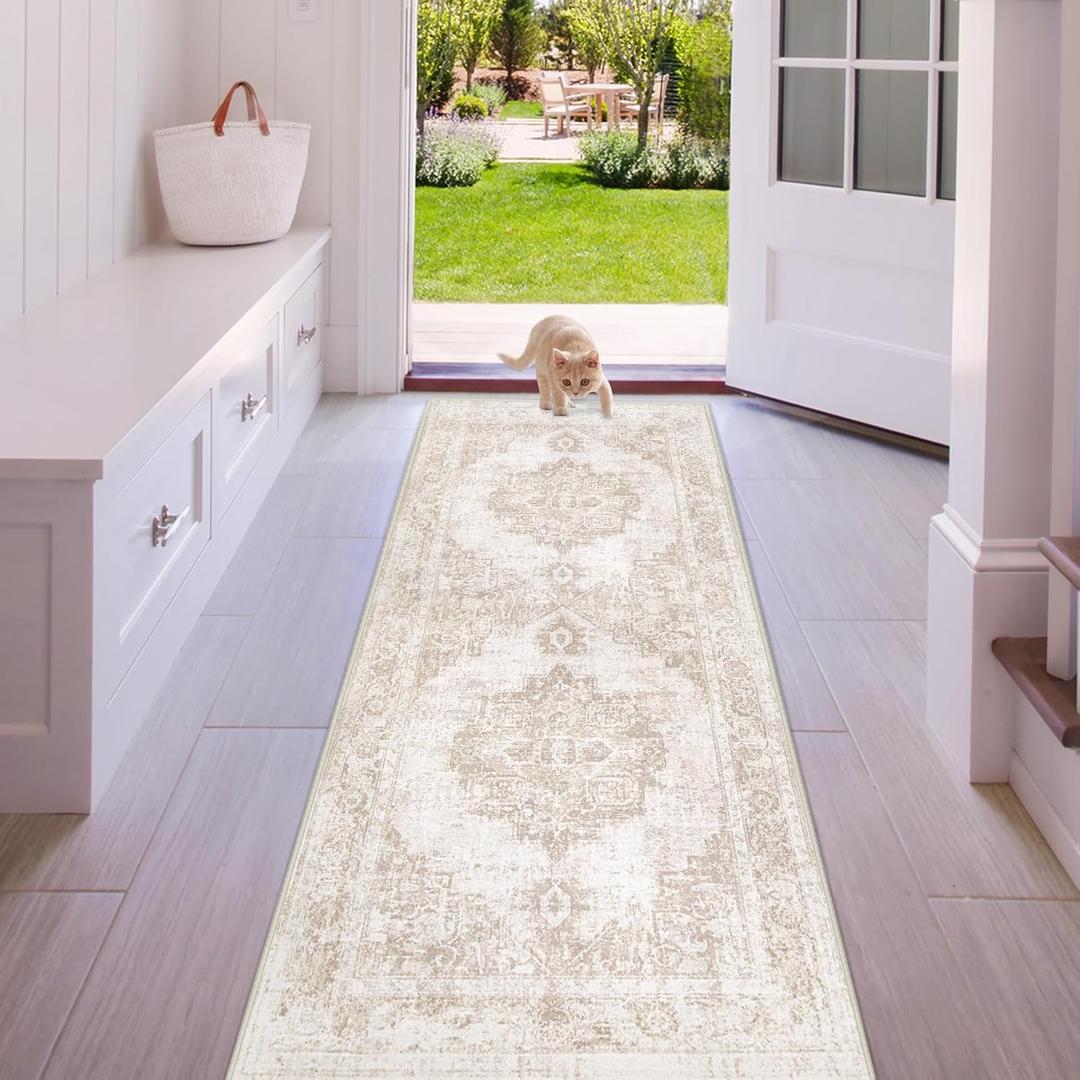Runner Rug 2x5 Hallway Runner Rugs: Washable Vintage Kitchen Area Rug Medallion Distressed Rugs Non Slip Soft Low Pile Indoor Floor Carpet for Living Room Bedroom Bathroom Laundry(Beige, 2'x5')