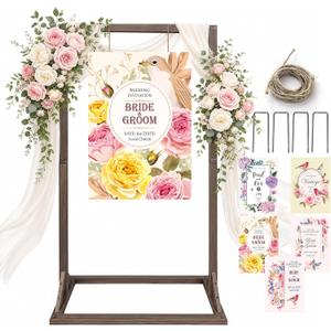 Wooden Welcome Sign Stand, 68" x 34" x 17" Heavy Duty Sign Holder Stand Wood Easel w/ Poster Design Templates for Wedding, Bridal Shower, Baby Shower, Birthday Party