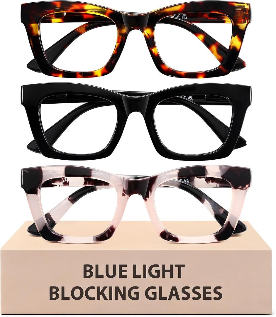 Reglaaly 3 Pack Blue Light Glasses for Woman, Fashion Computer Blue Light Blocking Glasses, Anti Eye Strain Square Eyeglasses, Glossy Black/Tortoise/Pink Leopard