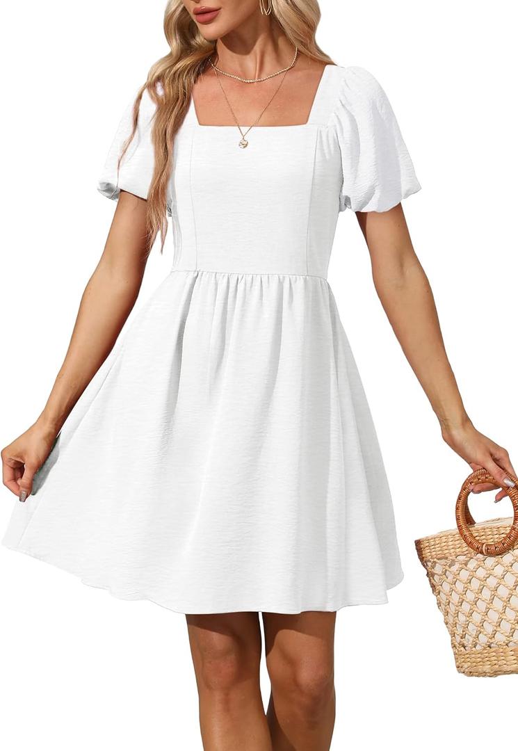 OFEEFAN Women Puff Sleeve Square Neck Tie in Back Dresses with Zipper (Medium)