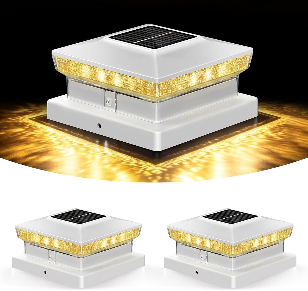 Solar Post Cap Lights 2 Packs for 4x4 5x5 Wooden/Vinyl Posts, IP65 Waterproof Fence Post Solar Lights with Warm/Cool/Neutral Lighting, Outdoor Post Lights for Garden, Patio, Porch- White