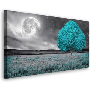 Tree of Life Wall Art Picture Canvas Prints Room Wall Dcor Blue Tree with Full Moon Paintings for Living Room Bathroom Bedroom Home Kitchen Decorations Natural Artwork Wooden Framed 20x40inches