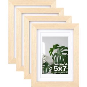 Egofine 5x7 Picture Frames Set of 4, Made of Solid Wood Covered by Plexiglass 3.5x5 and 4x6 with Mat or 5x7 without Mat, for Table Top Display and Wall Mounting Photo Frame Oak Wood