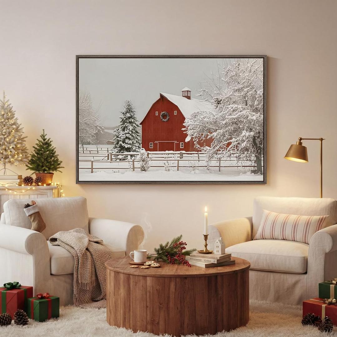 Framed Farmhouse Nature Landscape Wall Art, Red Barn and Trees Canvas Prints Paintings Artwork for Walls, Modern Countryside Pictures for Living Room Dining Bedroom Hallway Lounge Wall Decor 24x36 In