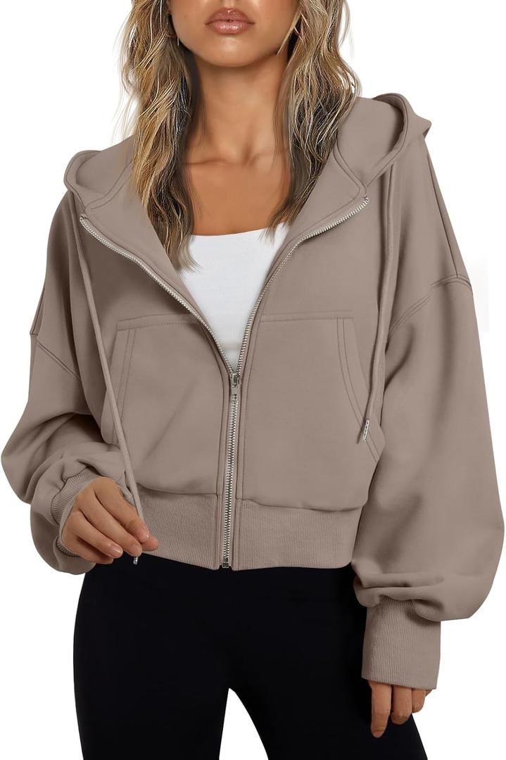 Trendy Queen Hoodies for Women Full Zip Up Cropped Sweatshirts Jackets Casual Comfy Gym Tops Fall Outfits Winter Clothes 2026 (Small, Coffegrey)