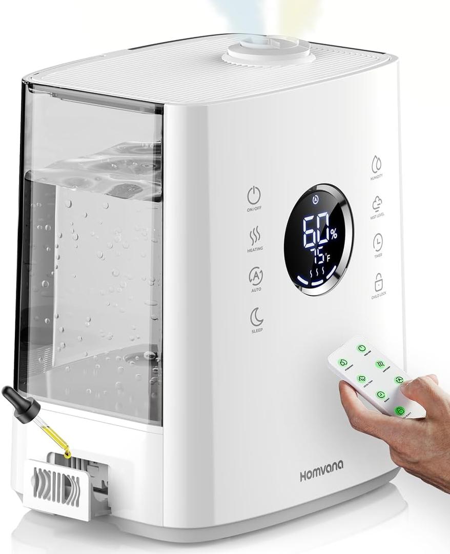 Homvana Humidifiers for Bedroom Large Room, 6.5L Top-Fill Warm & Cool 360 Rotatable Mist Ultrasonic Humidifier for Plants Baby Kids, Vaporizer (Distilled Sterilization) Essential Oil, Auto Sleep Mode