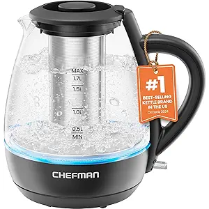 Chefman Electric Kettle with Tea Infuser, 1.7L 1500W, Removable Lid for Easy Cleaning, Boil-Dry Protection, Stainless Steel Filter, BPA Free, Auto Shut Off Hot Water Boiler, Glass Electric Tea Kettle