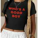 RoseSeek Women's Cropped Letter Graphic T Shirt Crewneck Short Sleeve Slogan Tee Streetwear Black Small (Black, M)