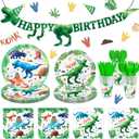 169 Pcs Watercolor Dinosaur Party Supplies Dinosaur Theme Birthday Party Decoration Includes Banner Plates Cups Napkins Knives Forks Spoons Tableware for Boys Birthday, Serves 24 Guests