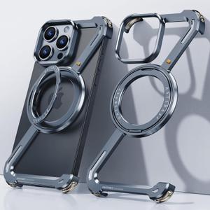 OGRANEE Z Case for iPhone 15 Pro Frameless, with Magnetic Kickstand 360 Rotatable Magnetic Stand, Bezel Less Metal Slim Hard Shockproof Ultra Thin for iPhone 15Pro Case with Ring Holder for Men, Blue