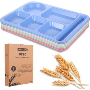 Caeuiciw 8 Pcs Divided Food Plates, 14" Wheat Straw Tray, 5-Compartment Unbreakable Fast Food Tray, Microwave Dishwasher Safe, BPA Free, Lightweight, Multicolor