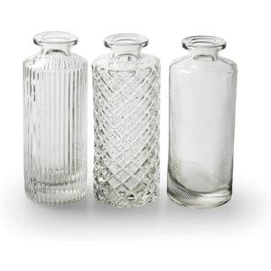 Clear Glass Bottle Vase 3 Designs: Ribbed, Striped or Textured, Mini Glass Bottle Vase, Small Stem Bud Vase, Wedding Flower Display Centerpiece, Alanis (Striped) Set of 12 
