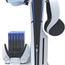 For PS5 Slim Cooling Stand Dock with Dual Controllers Charging Station, for PS5 Slim Console Cooling Station with 6 Game Disc Slot Organizer, with 2 Headphone Hangers