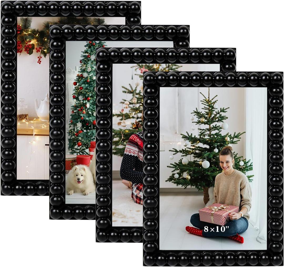 8x10 Picture Frame Set of 4, Black Beaded Photo Frames Display Pictures 5x7 with Mat or 8x10 without Mat, Multi Photo Frames Collage for Wall or Tabletop Decor