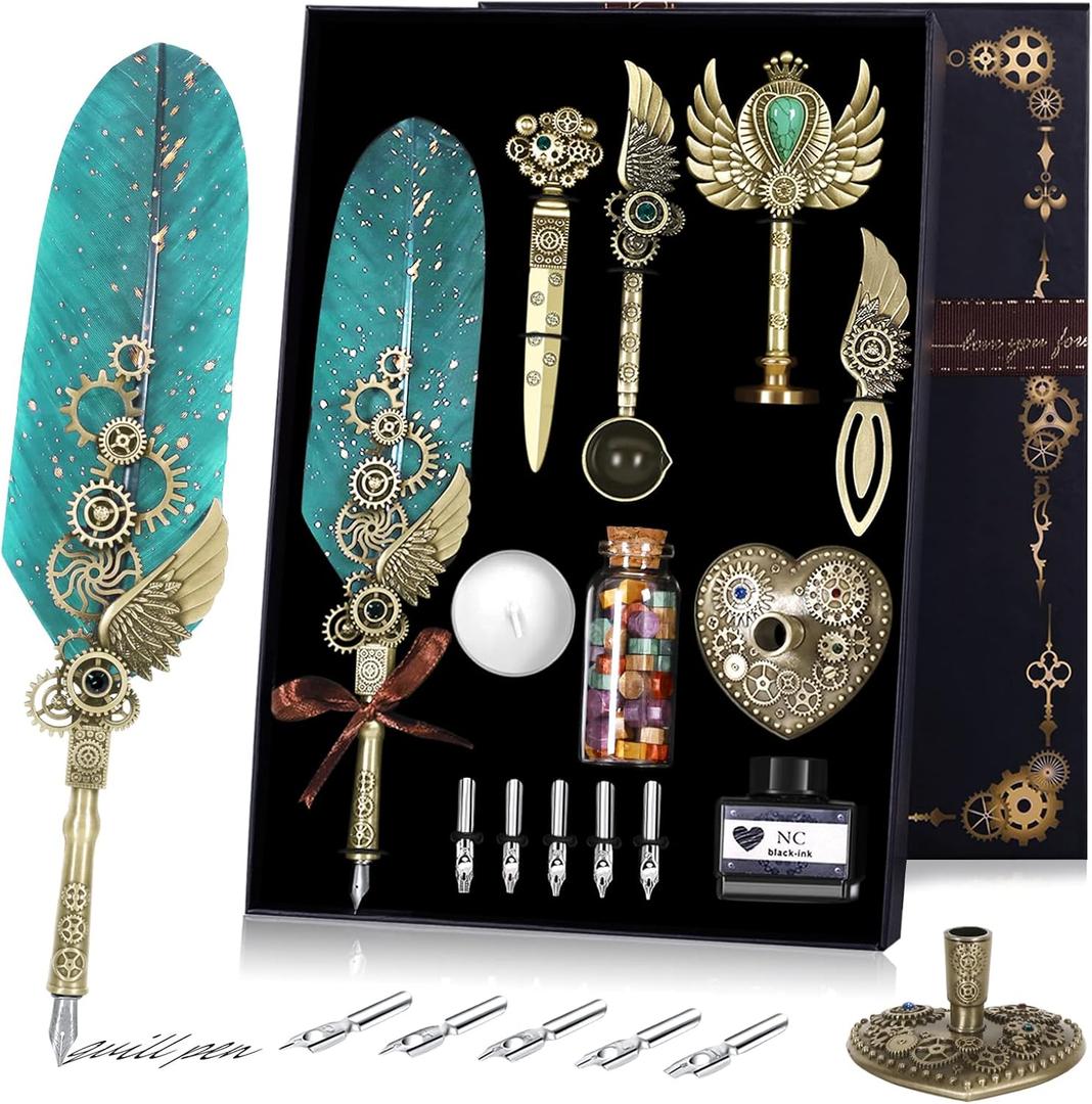 NC Quill Pen and Ink Set, Feather Calligraphy Pen, Wax Seal Stamp - Valentine's Day Gift, Holiday Ideal for Writing Lovers (Green)