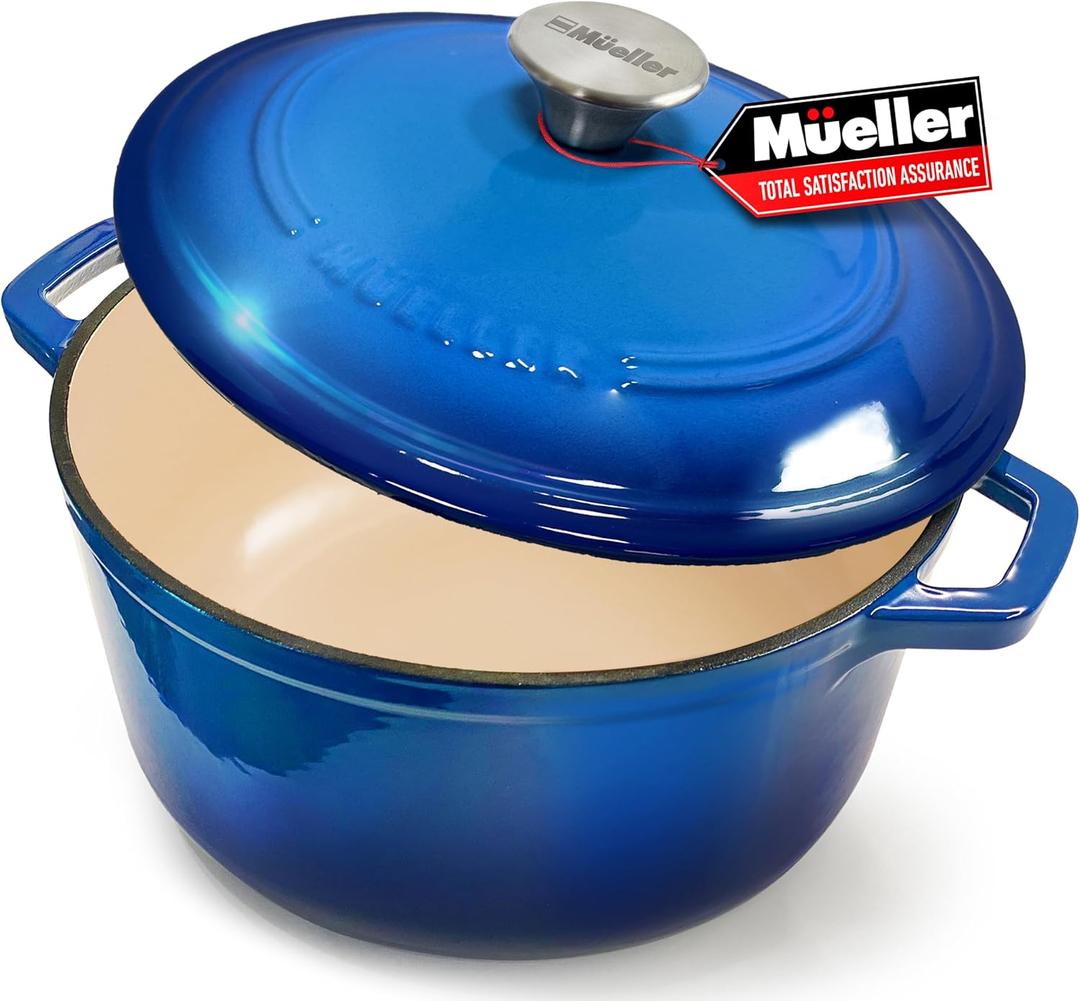 Mueller 6qt Enameled Cast Iron Dutch Oven, Heavy-Duty Casserole and Braiser Pan with Lid and Knob, Safe for All Cooktops, Aqua Blue (6 Quart, Aqua Blue)