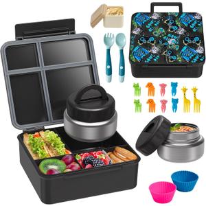 Bento Lunch Box with 9.5 oz Soup Thermo, Kids Leakproof 4 Compartments Bento Box with Silicone Cupcake,Fruit Fork,Spoon and Sauce Cup,Insulated Food Jar for School Travel-Game