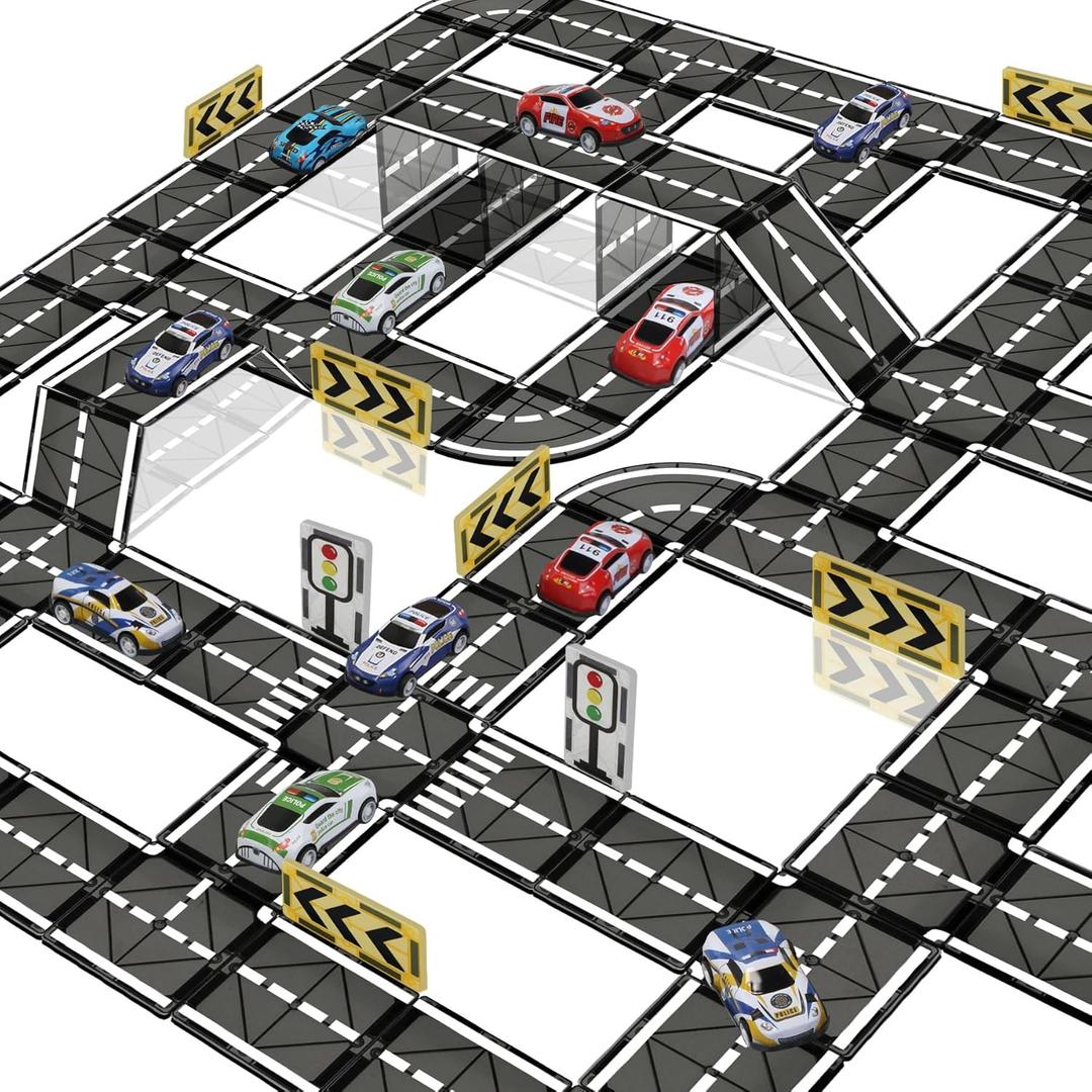 Magnetic Tiles Road Set with Pullback Car, Magnetic Blocks for Kids Ages 4-8, Magnet Tiles for Preschool STEM Building Toy, Autism Learning Sensory Montessori Toys Gift for Toddler Boys and Girls