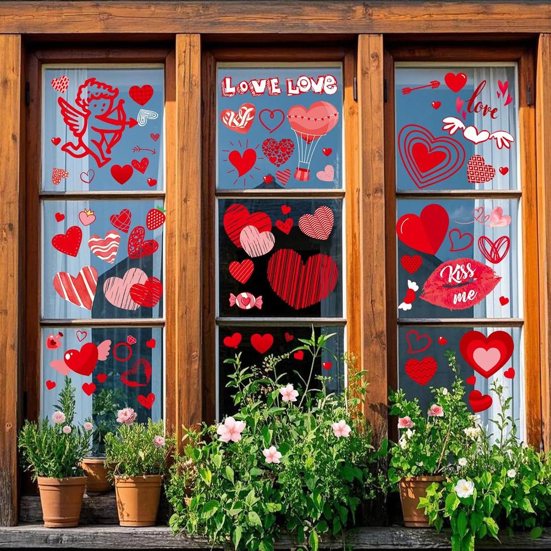 Valentines Day Decorations, 9 Sheets Valentine Window Clings Decor, Red Heart Stickers for Home, Office, Classroom, Romantic Cupid Decals Dcor