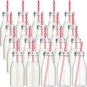 Yinkin 20 Set 10 oz Plastic Milk Bottles with Straws Metal Lids Clear Plastic Containers for Dairy Milk Party Bottle for Juices Shakes Smoothies(Red, White)