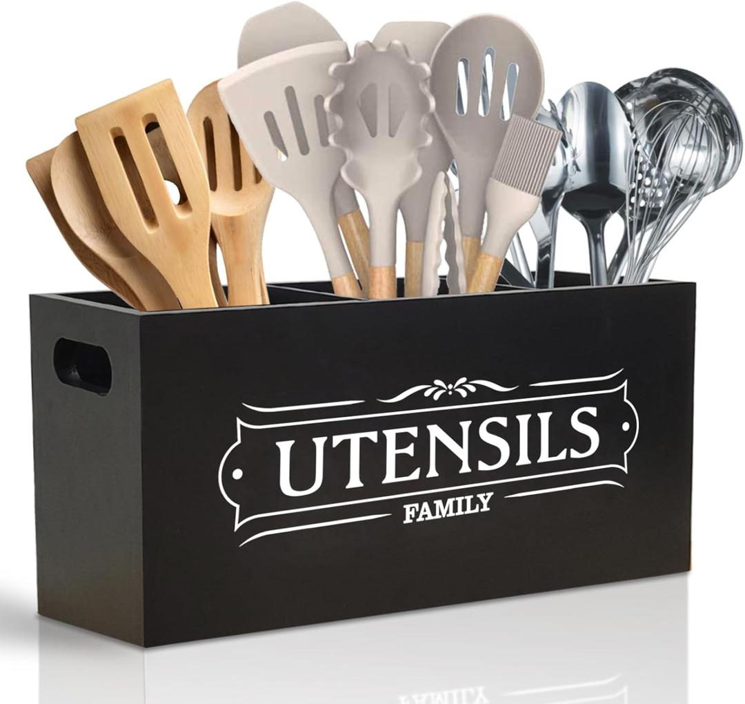 Kitchen Utensil Holder for Countertop, Extra Large Organizers and Storage - Wooden Farmhouse Decor and Utensil Crock for Kitchen Counter, Rustic Countertop Organizer for Cooking Tools(Black)
