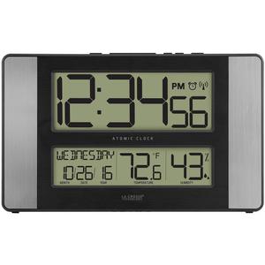 La Crosse Technology 513-1417H-AL-INT Atomic Clock with Temperature & Humidity, 11.10" L x 1.14" W x 6.61" H, Grey/Black
