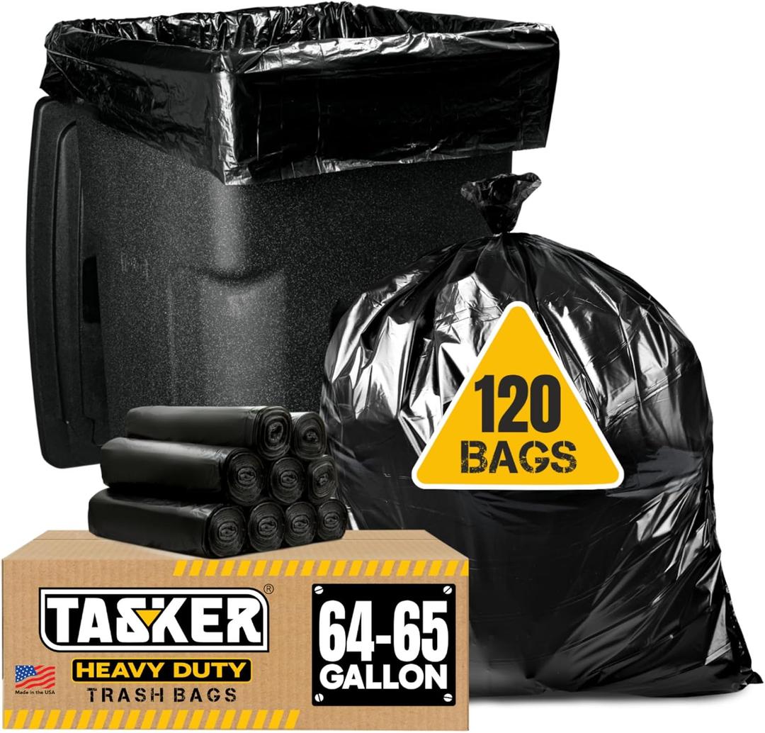Tasker 65 Gallon Trash Bags Heavy Duty | 120 Count | Extra Large 64 Gallon Trash Bags for Toter | Garbage Bag 65 Gallon Trash Can Liners
