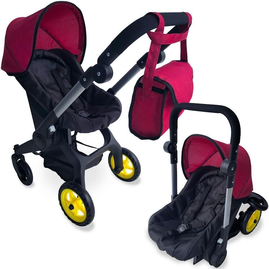 Baby Doll Car Seat Stroller Combo – Convertible 2 in 1 Doll Stroller and Car Seat for Kids – Fits Up to 20” Dolls – Play Toy Baby Stroller with Adjustable Handle for Girls Toddlers All Ages (Maroon), 14x22x25 in