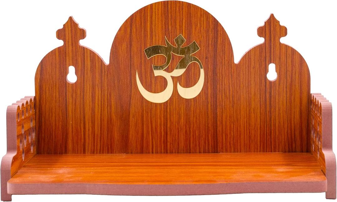 Wooden Wall Mounted Hanging Tabletop Temple Pooja Mandir God Stand Shelf for Storage and Idols Decoration for Home Office and Gifting (Golden Om)