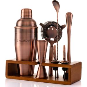 Mint & Mortar Cocktail Shaker Set, 7-Piece Bartender Kit with Stand, 24oz Martini Shaker Bottle Stainless Steel Bar Tools, Home Bar Accessories Drink Mixer, Barware Gift Set - Brushed Copper