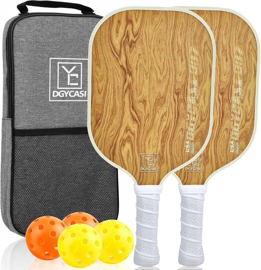 Pickleball Paddles Set of 2, 2025 USAPA Approved Pickleball Set, Fiberglass Lightweight Pickle Ball Rackets 2 Pack, 2 Outdoor Pickleball, 2 Indoor Pickleball Balls, 1 Pickleball Bag for Women and Men (Wood Grain)