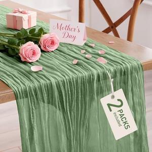 Pureegg 4 Pack Cheesecloth Table Runner, 120'' Easter Spring Boho Gauze Table Runner Decorations for Party, Baby Shower, Wedding and Farmhouse, Fabric Room Decor, Sage Green