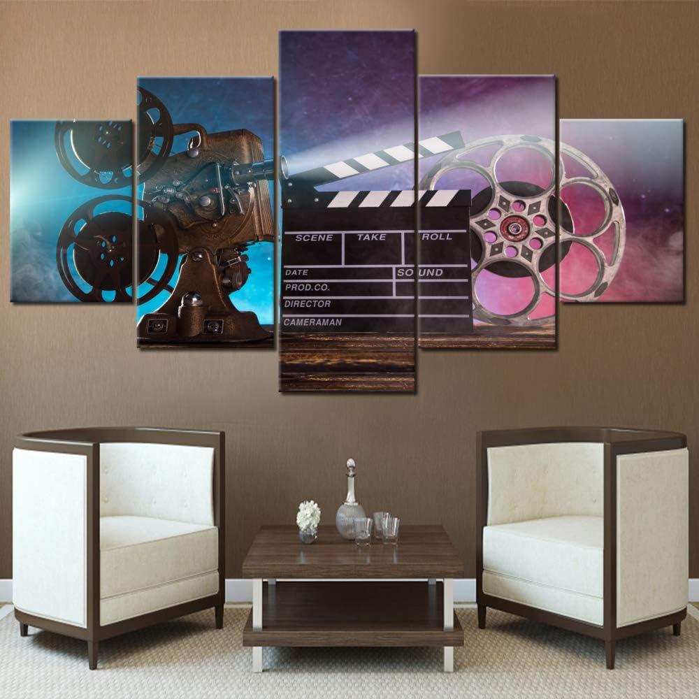 Wall Pictures for Living Room Retro Movie Projector Paintings Black Film Chalkboard Artwork Multi Panel Canvas Wall Art Modern House Decor Wooden Framed Ready to Hang Posters and Prints(60''Wx 32''H)