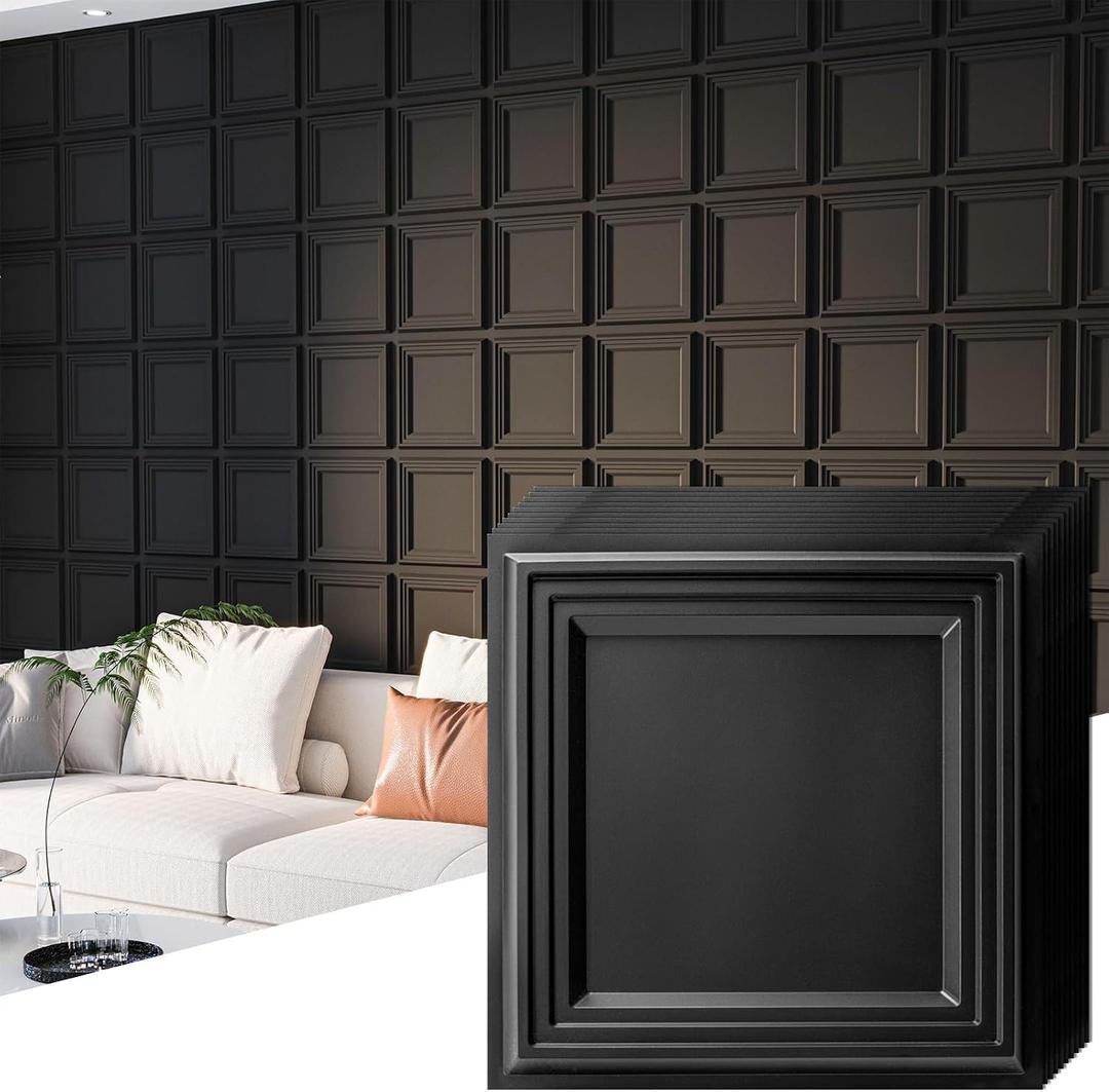 Art3d 33-Pack 3D Wall Panel for Interior Wall Dcor, Diamond Textured PVC Accent Wall Paneling for Living Room Bedroom Office TV Wall Background, 11.8"x11.8" Cover 32.Sq.Ft., Black