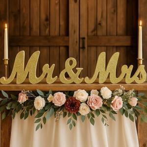 Mr & Mrs Sign for Wedding Table, Wedding Decorations for Reception, Large Wooden Letters Centerpieces Decor for Sweetheart Table, Ceremony, Anniversary, Party and Valentine's Day(Golden)