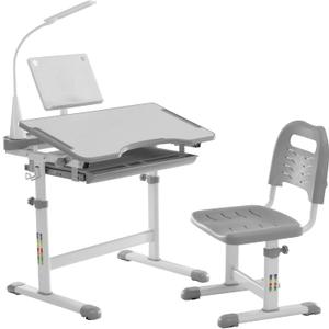 Diroan Kids Functional Desk and Chair Set, Ergonomic Height Adjustable Children School Study Desk with Tilt Desktop, Book Stand, LED Light, Metal Hook and Storage Drawer for Boys Girls(Grey) (Large)