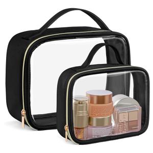 PACKISM Clear Makeup Bag Combo Pack, 1 TSA Approved Medium & Large for Checked Luggage, Clear Toiletry Bag with Handle, Water-resistant Travel Essentials Organizer, Black