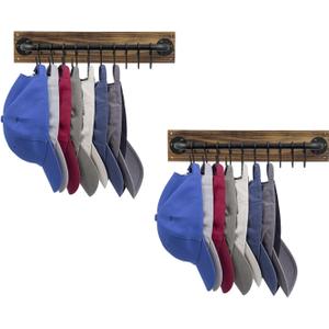 MyGift 2 Pcs Hat Rack for Baseball Cap with 10 Hooks, Floating Shelves Wall Mount with Key Holder Hooks, Cap Organizer Display, Urban Industrial Burnt Solid Wood, Matte Black Metal Pipe