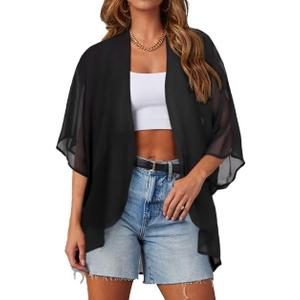 Women Kimono Cardigans Casual Summer Tops Cover up Open Front Floral Print Resort Wear, Large Size, Black