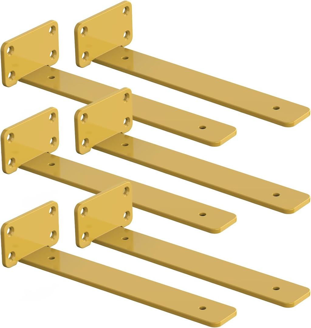 6 PCS Gold Steel Heavy Duty Brackets Without Lip, 8 Inch Supports DIY for Shelves Bracket with 5mm Thick, Industrial Modern Floating Shelf Support for Wall Mount Shelves