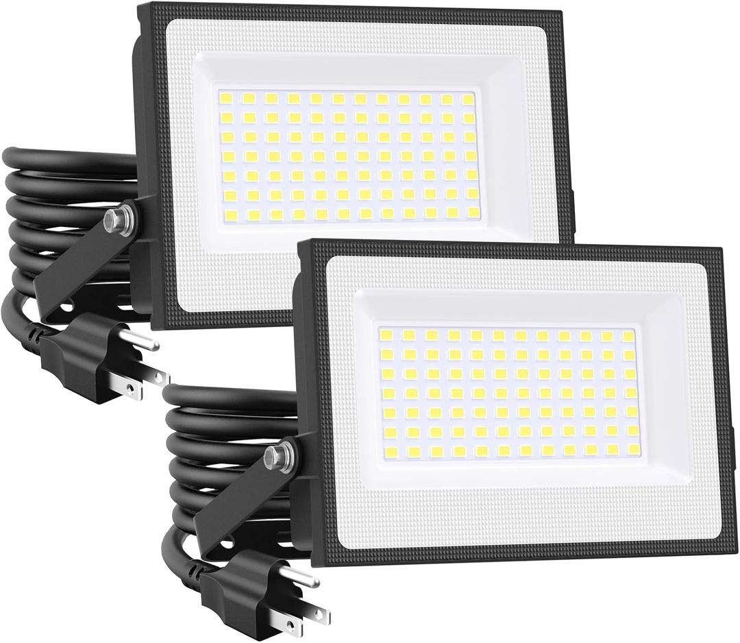 Onforu 60W Flood Lights Outdoor, 8400lm Bright LED Work Light with Plug, 6500K Daylight White LED Flood Lighting, IP66 Waterproof Security Yard Lights for Garage Stadium 2 Pack