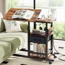 Height Adjustable Overbed Table with Wheel and Charging Station, Tiltable Desk C Shaped End Table for Couch, 2-Tier Overbed Bedside Desk with Storage Shelve for Living Room Bedroom (Brown)