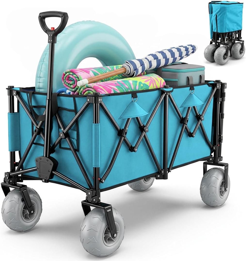 Romswi Heavy Duty Beach Wagon 9 inch Wide Big Wheels, 59" Extender, 450LBS Capacity, 400L Large Foldable Wagon Cart, Adjustable Handle, All-Terrain Cart for Beach, Camping,Garden, Light Blue