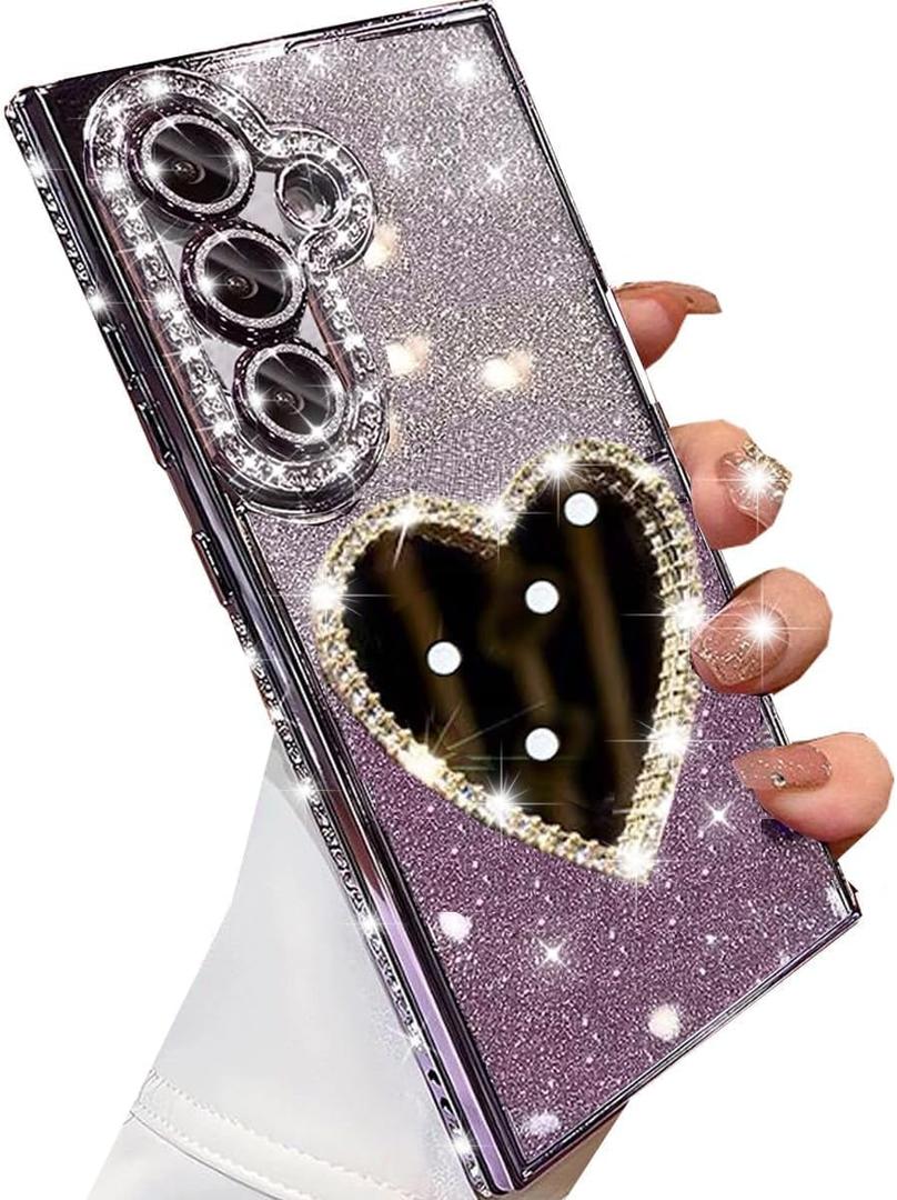 for Samsung Galaxy S25 Plus Glitter Mirror Case, Cute Luxury Diamond Heart Makeup Mirror Bling Sparkly Rhinestones with Camera Protector TPU Bumper Women Girls Case for Galaxy S25 Plus,Purple