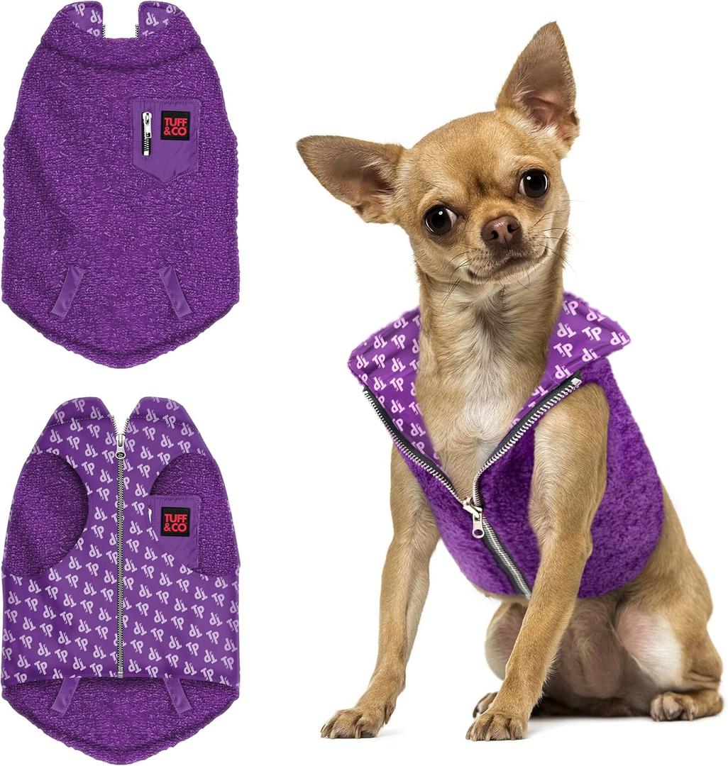 Tuff Pupper Reversible Fleece Sweater Vest for Dogs | Lightweight Comfortable Insulated Jacket | Front Zip Closure | Machine Washable | Built-in Leash Hole | Sizes for All Breeds (Small, Purple)