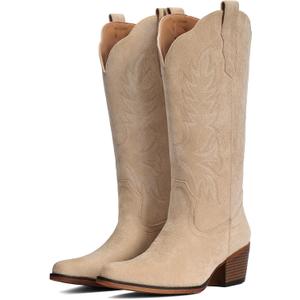 IUV Suede Cowboy Boots for Women Mid Calf Cowgirl Boots with Embroidered, Retro Snip Toe Chunky Heel Western Boot for Country Concert Music Festival Cowboy Chic, Size US 8