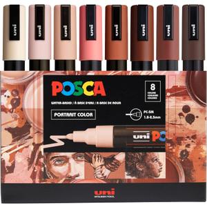 posca Markers Portrait Tones Set of 8, Acrylic Paint Pens with Reversible Tips for Coloring and Drawing, Non-Toxic Formula