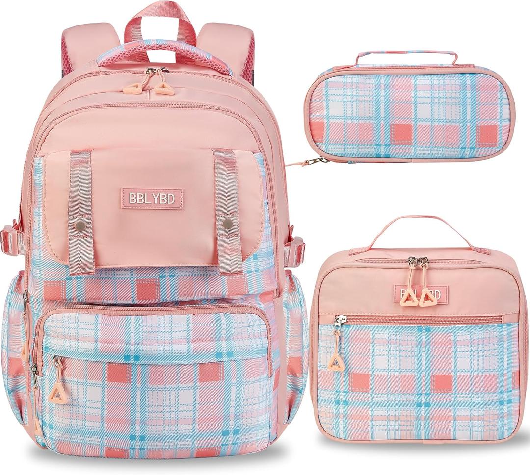 Girls Backpack with Lunch Box, Cute School Backpack for Kids Teen Elementary, Large Capacity Kids Bookbag 3 Pcs Set (Pink Grid)